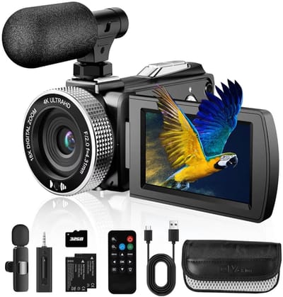 Videocamera 4K 48MP foto/videorecorder 4K 60FPS, digitale camcorder voor YouTube Vlogging met draadloze microfoon/SD-kaart/2 batterijen/afstandsbediening