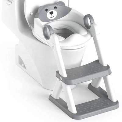 Mogi Products-Toilettrainer met Trapje voor Kinderen – Toiletverkleiner met Opstapje – Verstelbaar & Opvouwbaar – Beer Design – Grijs/Wit
