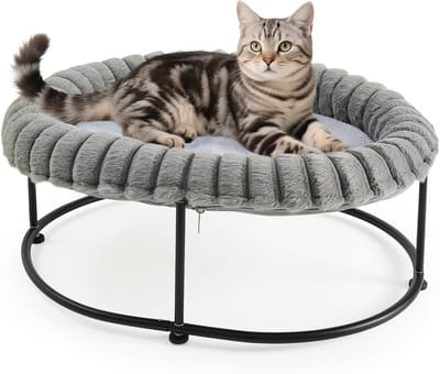 Famanu – Verhoogd kattenbed voor binnen, kattenhangmat met dikke kussens en wasbare hoes, grijs