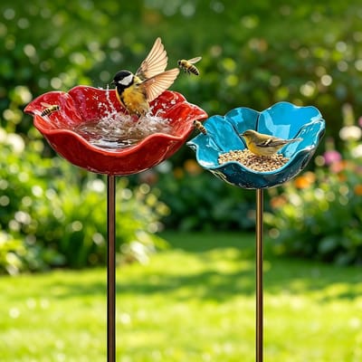 metalen voederstation vogels tuinsteker, vogelbad winterbestendig voor de tuin, bijen drinkbak bloem insectenbak Flower Garden Stake Bird Bath, tuinen voor bijen vlinderbak (D)