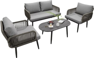 Merax Tuin Loungeset 4-delig met 2-zitsbank - 2 Stoelen en Tafel – Tuinset met Kussens en Glasblad in Houtlook – Grijs