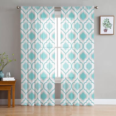 Cyaan Marokkaans Patroon Transparante Gordijnen voor Woonkamerdecoratie Raamgordijnen voor Keuken Tule Voile Organza Gordijnen W135 x H115cm x1 white