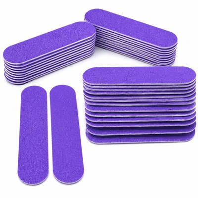 BukkitBow - Set van 100 Mini Nagelvijlen 6cm - Wegwerp Manicure en Pedicure Vijlen - Compacte Paarse Nagelverzorging voor Reizen - 100 Stuks