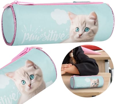 Blauw pennenetui voor schoolmeisjes, ROND, buisvormig, etui voor accessoires, in katten 22x8x8cm