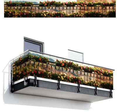 Balkonscherm 500x75 cm - Balkonposter Bloemen - Hek - Stadszicht - Zomer - Balkon scherm decoratie - Balkonschermen - Balkondoek zonnescherm