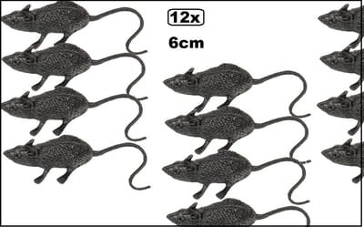 12x Rat zwart kunstof 6cm - Halloween griezel dieren thema party festival themafeest ratten