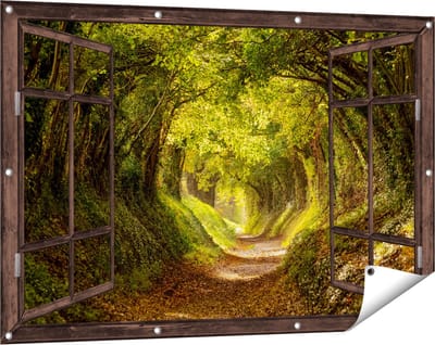 Gards Tuinposter Doorkijk Pad in het Bos met veel Bladeren - 120x80 cm - Tuindoek - Tuindecoratie - Wanddecoratie buiten - Tuinschilderij