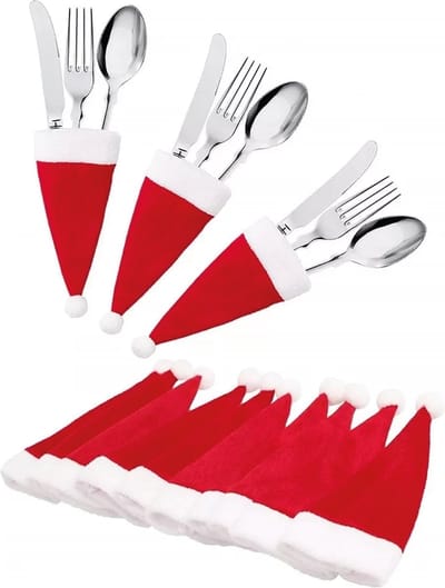 Kerst bestekhouder - 10 stuks - Mini kerstmuts – kerstman - kerst – muts – cadeau – afmeting 12 x 7 -kerst bestekhouders -kerstdiner -bestekhouder kerst -kerstmis - voor het kerstdiner bestek -bestek voor kerstdiner - kerst ontbijt bestek