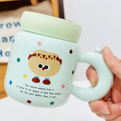 Kitten met deksel en lepel met grote capaciteit, schattige cartoon keramische beker, hittebestendige kantoormok, meisjes pak beker 390ML