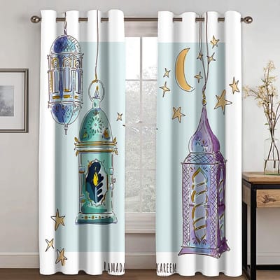 Ramadan Karim Decoratie Print Balkon Raam Gaas Gordijn Slaapkamer Draperie Decor Woonkamer Raam Goud 1x50W60H(CM)&Grommet Top white