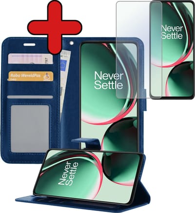 Hoesje - Met Screenprotector - Geschikt voor OnePlus Nord CE 3 Lite - Luxe Pasjeshouder - Flipcase - Bookcase Portemonee - Flip Case - Kunstleer Book Case - Book Cover - Walletcase - Portemonneehoes - Telefoonhoes - Donkerblauw