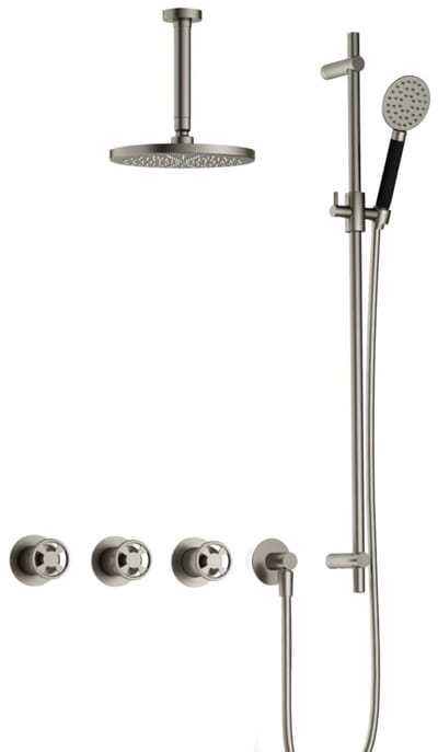 Hotbath Cobber @Work IBSW70 inbouw regendoucheset met ronde handdouche aan glijstang en 20cm ronde hoofddouche aan 15cm plafondarm geborsteld nikkel