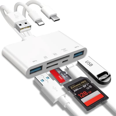 SD Kaart lezer-5 in 1-USB OTG-adapter en SD-kaart lezer-Geschikt voor i-Phone/i-Pad-USB C- en USB A-apparaten met Micro SD- en SD-kaartsleuven - ondersteunt SD/Micro SD/SDHC/SDXC/MMC