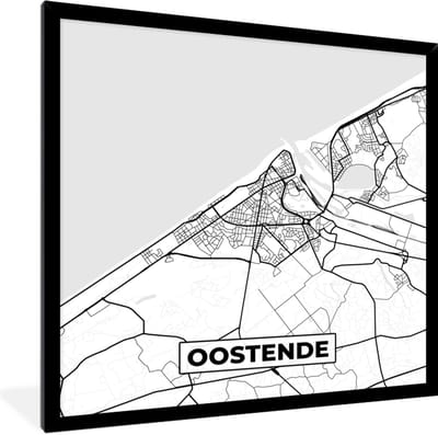 Fotolijst incl. Poster Zwart Wit- België – Oostende – Stadskaart – Kaart – Zwart Wit – Plattegrond - 40x40 cm - Posterlijst