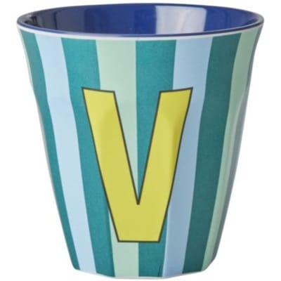 Rice melamine beker medium gestreept letter v, blauw