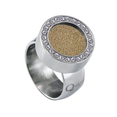 Quiges RVS Schroefsysteem Ring met Zirkonia Zilverkleurig Glans 18mm met Verwisselbare Glitter Goudkleurig 12mm Mini Munt