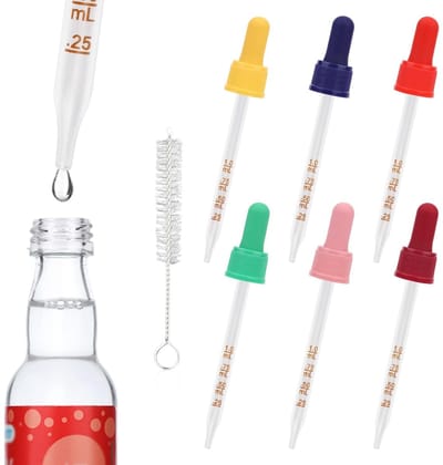 Dailygoods- Druppelpipetten 6 Stuks - Glazen Pipetten met Maatverdeling - Reinigingsborstel - Multi-kleur - 13,5x2cm - Geschikt voor Vloeistoffen