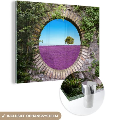 MuchoWow® Glasschilderij 120x90 cm - Schilderij acrylglas - Lavendel - Doorkijk - Bloemen - Zomer - Foto op glas - Schilderijen