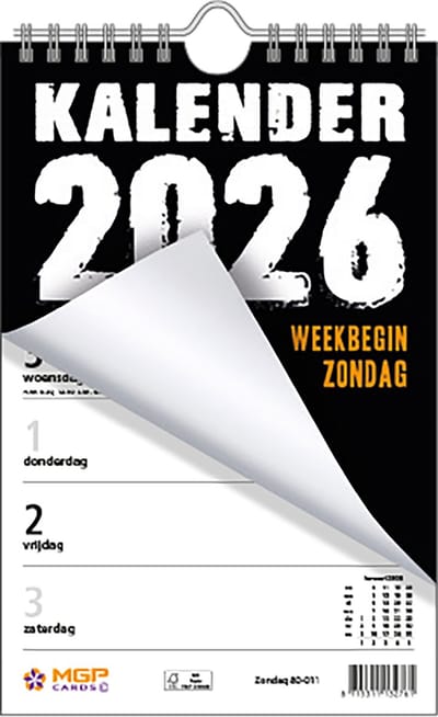 MGPcards - Weekblok met wire-O binding 2026 - Week begint op zondag - 13,5 x 20,5 cm -Zwart-Wit