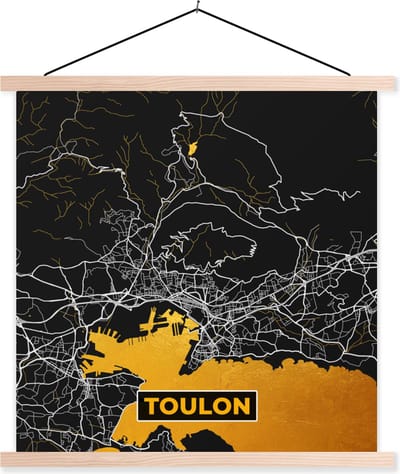 Posterhanger incl. Poster 40x40 cm - Schoolplaat - Kaart – Stadskaart – Toulon - Plattegrond – Frankrijk - Textielposter - Blanke latten - Stadskaart