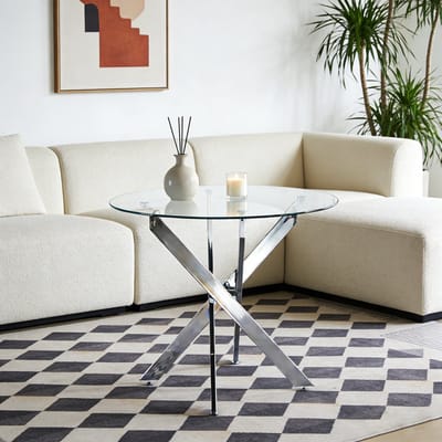 MODENUIT Eettafel - Glazen Tafelblad Met Metalen Poten - Voor Keuken En Eethoek - Zilver - Rond Model