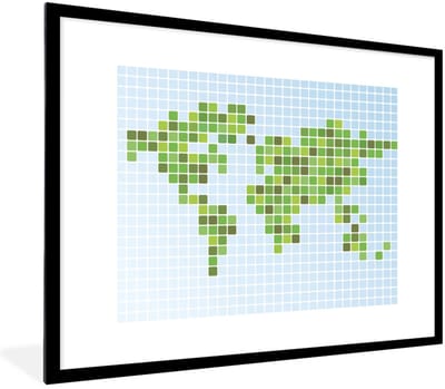 Poster in lijst - Fotolijst 80x60 cm - Posters - Moderne wereldkaart met vakjes - Posterlijst zwart - Decoratie - Wanddecoratie woonkamer - Muurdecoratie slaapkamer