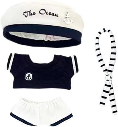 Poppenkleding Set 10 cm - Sjaal, Hoed, T-Shirt en Broek - Matrozenpak voor Knuffeldieren