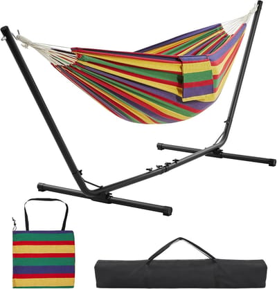 Hangmat met frame - Dubbele hangmat - Ontspannen buiten - Verstelbare lengte - Tot 205 kg - Regenboogstrepen
