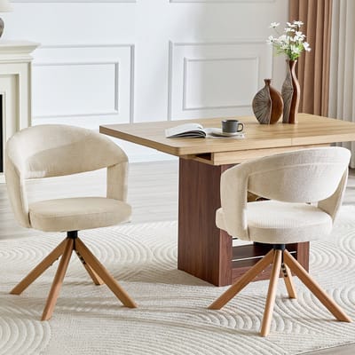 MODFU Eetkamerstoelen Set Van 2 - Draaibaar - Retro - Eetkamer Of Woonkamer - Stof En Massief Hout - Crèmewit