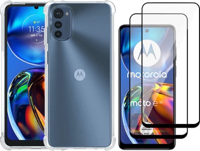 Hoesje geschikt voor Motorola Moto E32 / E32s - Anti Shock Proof Siliconen Back Cover Case Hoes Transparant - 2x Full Tempered Glass Screenprotector