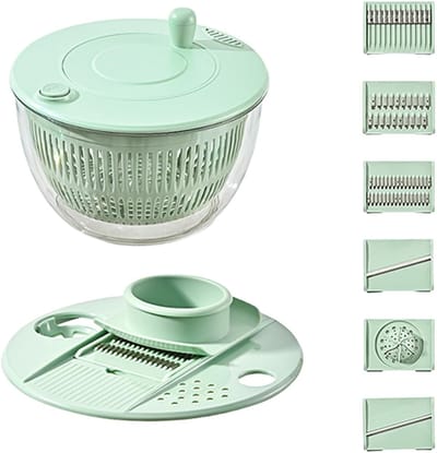 2-in-1 Dubbeldekker Groentedroger - Fruitsalade-druiprek - Zes vervangbare messen - Saladedroger - Dubbeldekker Mand Keukenapparaat - Dubbeldekker Groente- en Fruitwasser