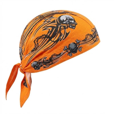 Oranje bandana unisex – gebonden bandana met zwarte skull en tribal print – katoenen hoofd doek voor motor, sport, buitenactiviteiten en verkleedkleding