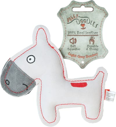 Tiny Doodles Doggy - Doodles Donkey - 17 cm - Hondenspeelgoed - Honden speeltje met piep - Lichtgrijs
