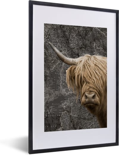 Poster in lijst - Fotolijst 40x60 cm - Posters - Schotse hooglander - Koeien - Wereldkaart - Posterlijst zwart - Decoratie - Wanddecoratie woonkamer - Muurdecoratie slaapkamer