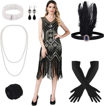 1920s Flapper Jurken met Franje en Pailletten voor Dames - Gatsby Stijl en Roaring 20s Kostuums met Accessoires