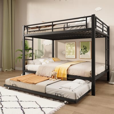 Sweiko Stapelbed - 140 × 200 cm - Metalen frame - Kinderbed - Met uitschuifbaar bed - Veiligheidshek - Zwart