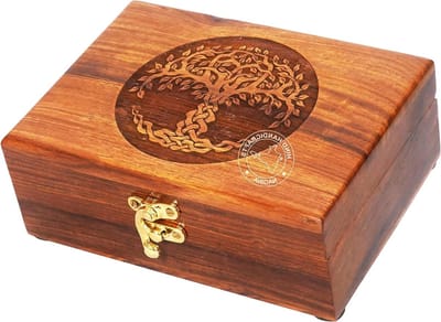 Houten Urn Sieradendoos - Herdenkingskistje Decoratie - Sieraden Opbergen - Handgesneden Levensboom - 17.8cm x 14cm x 9cm - Natuurlijk