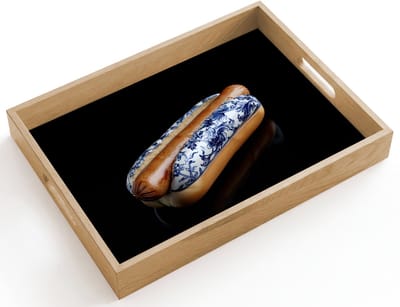 Dienblad hout 40x30 cm - Schootdienblad - Hotdog - Porselein - Delfts blauw - Eten - Borrelplank rechthoek - Plateau dienbladen