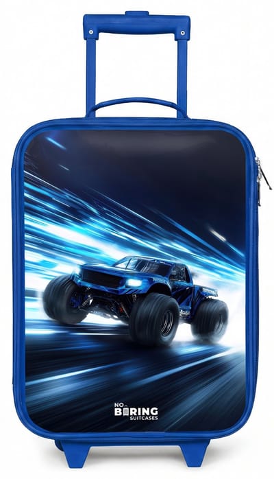 NoBoringSuitcases.com® - Kinderkoffer blauw - Kindertrolley jongen - Monstertruck raast door lichtsnelheid - Koffer kind lichtgewicht - Reiskoffer trolley voor kinderen - Koffertje met lichtgevende wieltjes - Rolkoffer