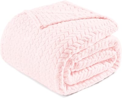 Exclusivo Mezcla Queen Size flanellen fleecedeken, 230 x 230 cm zachte jacquard geweven bladeren patroon fluwelen pluche deken voor bed, gezellig, warm, lichtgewicht en decoratieve lichtroze deken