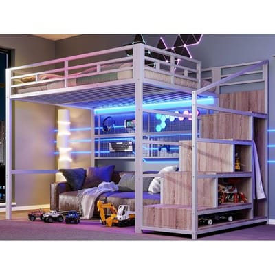ModernLuxe Verlichte mezzanine 140x200 cm - ijzeren constructie - met kledingkast + opbergtrap - LED-verlichtingsstrip - wit (matras niet inbegrepen)