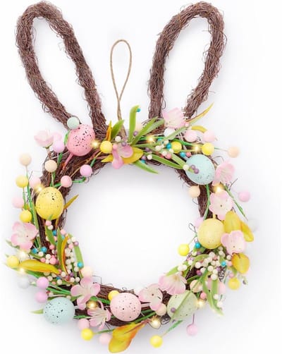 GELLDG Paaseierenkrans - Kunstmatige deurknop - Paaseierenkrans met LED-verlichting - Konijnvormige muurring - Decoratieve paaskrans voor de lente - Ornamenten - 40 cm