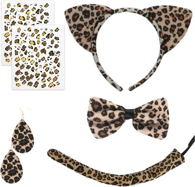 Leopard Kostuum Set met 5 Stukken: Tattoo Gezicht, Dierlijke Oren, Staart en Accessoires voor Carnaval en Cosplay