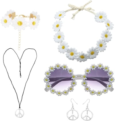 Hippie Kostuum Set voor Feestjes met Daisy Haarband, Vredesteken Ketting en Hippie Bril - Perfect voor 60s en 70s Themafeesten