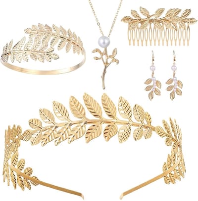 Elegante Gouden Laurel Wreath Hoofdband Set met Armband en Oorbellen voor Griekse Godin Kostuumaccessoires