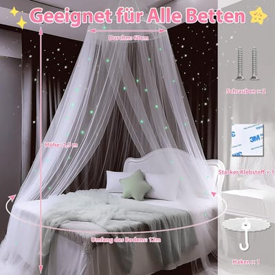 Lichtgevend muggennet met sterren voor tweepersoonsbed, eenpersoonsbed, babybed, kinderkamer met kleefhaken, schroeven, fijnmazig bedhemel, muggennet voor thuis en op reis, binnen en buiten
