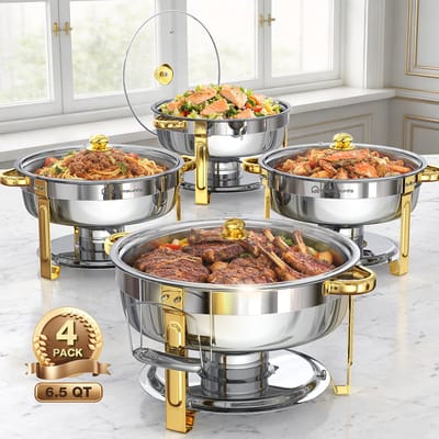 WARMOUNTS 6L Chafing Dish Set (4 Stuks) – Ronde Roestvrijstalen Warmhoudschalen met Glasdeksel, Stapelbaar Buffet Rechaud met Dekselhouder – Zilver & Goud, Voor Catering, Feest, Bruiloft