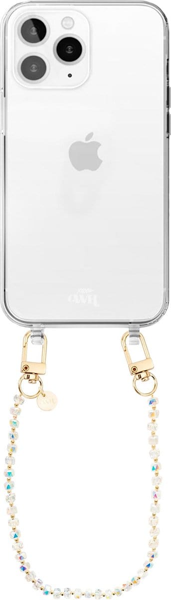 xoxo Wildhearts siliconen hoesje geschikt voor iPhone 12 Pro Max hoesje - Crystal (Transparant) - Telefoonhoesje - Hoesje met koord - Kristal ketting - Kristallen met gouden details - kort telefoonkoord - Transparant hoesje