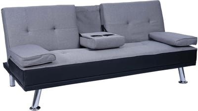 3-zits bank MCW-F60, slaapbank logeerbed, verstelbare bekerhouder 97x166cm ~ kunstleer/textiel, zwart/lichtgrijs