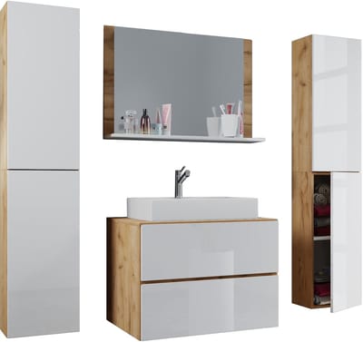 VCM 5-tlg. Waschplatz Waschtisch | Waschbecken Unterschrank Breite 80 cm | Badmöbel Set mit Schubladen Drehtüren Spiegel | Lendas XL